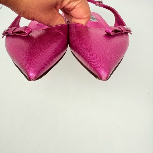 Prada Fuschia Pink Saffiano Leather Bow logo embellished slingback ballet flats - Picture 2 of 8